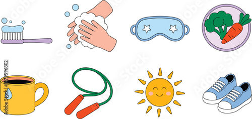 Healthy lifestyle and daily routine icon set with tooth brushing hand washing exercise and nutrition for wellness habits vector illustration.