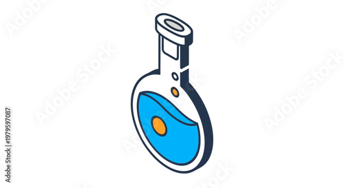 Isometric illustration of a laboratory flask with a chemical solution for scientific research