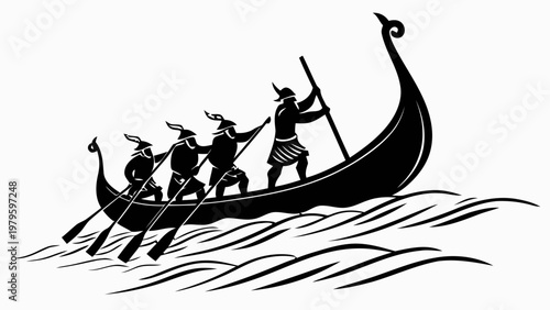 Silhouette of viking warriors rowing a longboat in the sea with wavy waters and a white background