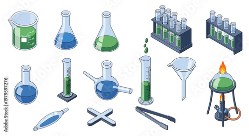Isometric illustration of laboratory equipment for scientific experiments and analysis