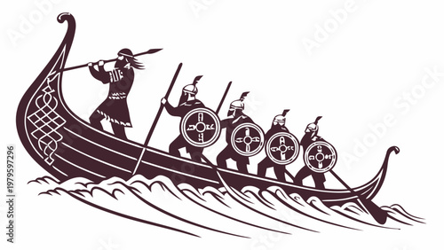 Viking warriors rowing longboat with shields and oars in ocean waves medieval scandinavian naval battle scene