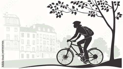 Person riding bicycle casually in urban environment with tree and buildings