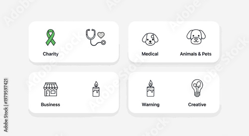 Icon Set: Charity, Medical, Business, Pets, Planning, Creative Concepts