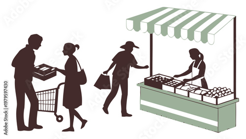 Silhouettes of people shopping and exchanging goods at a market stall with striped awning and various products on display
