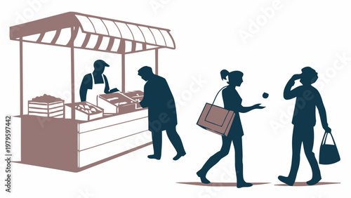 Silhouettes of people negotiating at a market stall with goods on display exchanging items in a busy urban setting