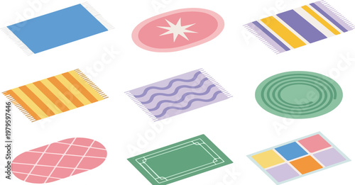 Isometric rug collection with 9 colorful floor mats, decorative carpet set for interior design, modern textile rugs in pastel colors and patterns