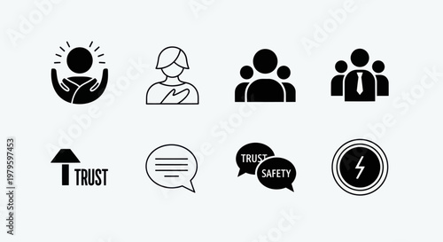 Icon Set: Trust, Safety, Teamwork, Communication, Leadership, Energy