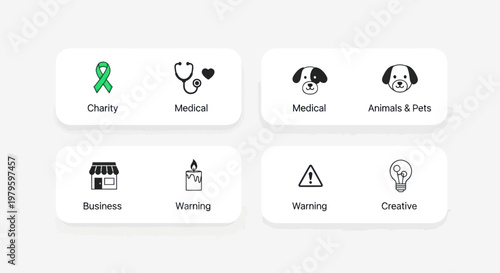 Icons: Charity, Medical, Business, Animals, Warning, Creative, Candle