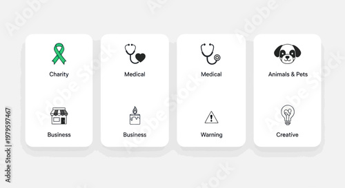 Icons for business, medical, charity, pets, warning, and creative ideas