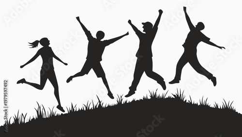 Group of friends jumping simultaneously on grassy hill in joyful celebration