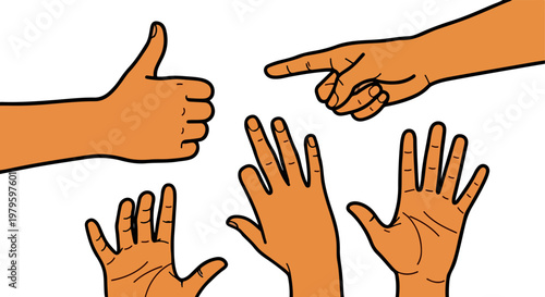 Cartoon hand gestures vector set, human hands showing thumbs up and pointing finger, diverse hand signals for communication and social media