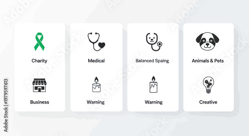 Icons for Charity, Medical, Business, Animals, Warning and Creative Concepts