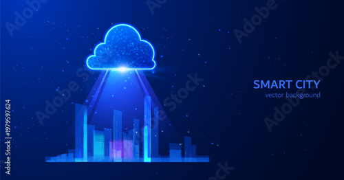 A banner with a cloud illuminating a modern city, in neon blue glowing tones with particles