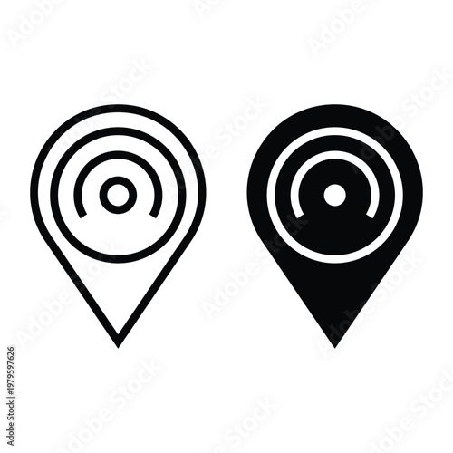 Black and white map pin icons with circular designs