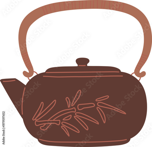 Elegant traditional Asian kettle, teapot, vector vintage oriental brown porcelain or clay tableware tree branch drawing