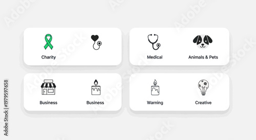 Icons for Charity, Medical, Business, Animals, Warning, Creative Concepts