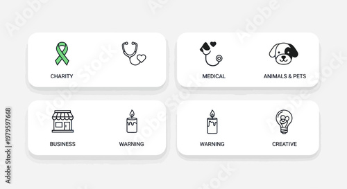 Icons for Charity, Medical, Business, Animals, Warning, Creative Concepts