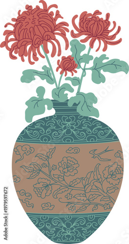 Traditional Asian vase with flowers, vector vintage oriental pottery with blue floral ornament, blossom flowers and bird