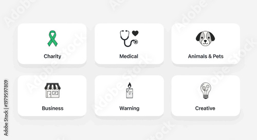 Icons representing Charity, Medical, Animals, Business, Warning, and Creative ideas