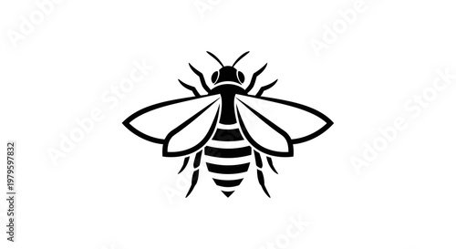 A detailed illustration of a striped bee in flight with wings spread wide.