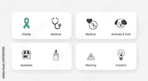 Icons representing charity, medical, pets, business, warning, and creativity