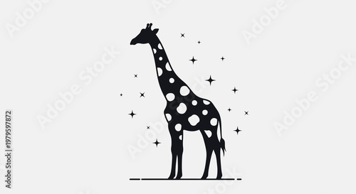 A whimsical illustration of a giraffe standing amidst sparkling stars.