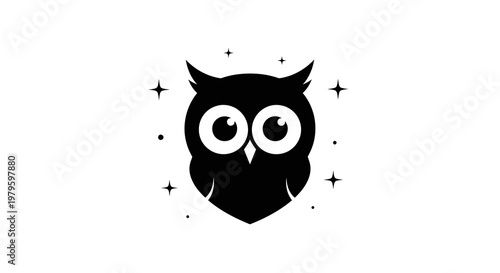 A whimsical illustration of an owl's face surrounded by stars at night.