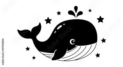 A whimsical illustration of a whale swimming amidst stars and water spray