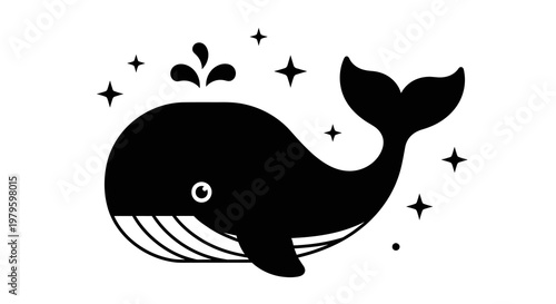 A whimsical illustration of a whale swimming in a starry night sea with sparkles and droplets.