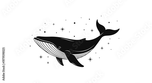A majestic whale swims through sparkling night sky surrounded by stars