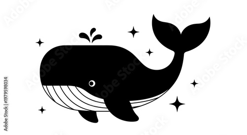 A stylized illustration of a whale spouting water surrounded by sparkles
