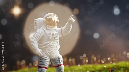 Astronaut exploring alien planet, pointing to stars, futuristic space exploration concept