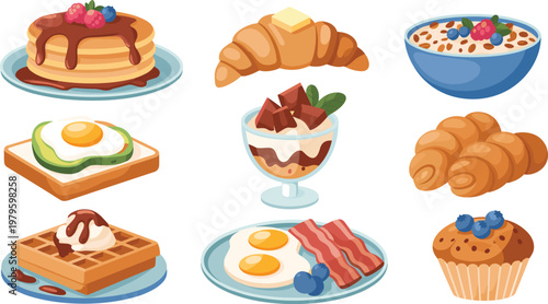 Breakfast food vector illustration set with pancakes croissant waffles eggs and bacon for morning meal menu and cafe dining concepts.