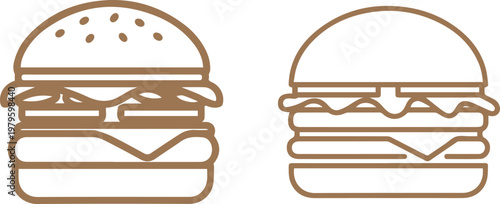 Simple outline icons of two cheeseburgers, isolated on white background