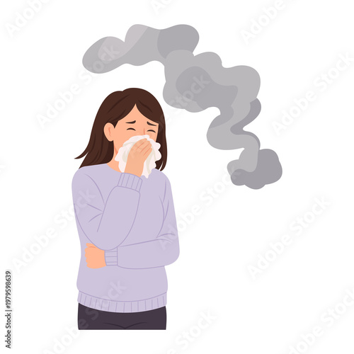  A woman coughing and covering her mouth with tissue, suffering from smoke.Healthcare, air pollution, passive smoking concept.Vector Illustration