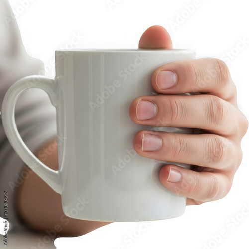 A person holding a white ceramic mug with their right hand on a transparent background