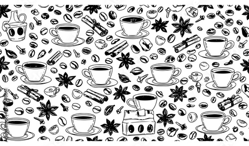 Decorative Coffee Spice Seamless Pattern Cafe Beans Vector Background