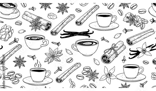 Coffee And Spice Seamless Pattern Beans Cinnamon Anise Vector Background