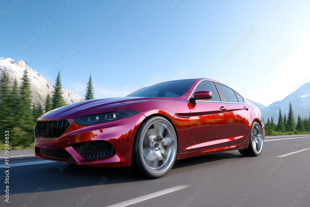 Fototapeta premium car premium sedan speeding along scenic mountain highway at sunset, capturing motion, freedom, and high performance driving in dramatic landscape.