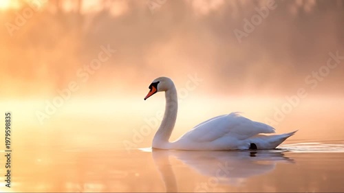 Elegant white swan glides on misty lake at sunrise, serene nature scene
