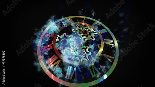 A surreal cosmic clock with rotating gears floats within a glowing galaxy, symbolizing the infinite flow of time, universal motion, and the connection between mechanics and the cosmos.
