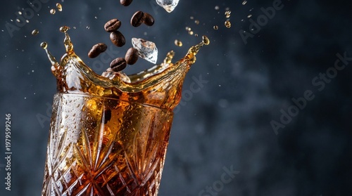 Coffee beans splash into a glass of iced coffee drink on a dark background