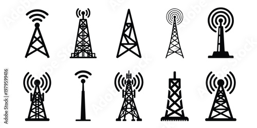 Radio tower icon set with 10 vector elements, black telecommunication antenna silhouettes, wireless signal transmitter and broadcast mast symbols