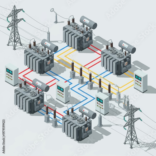 Electric power transmission substation equipment layout.