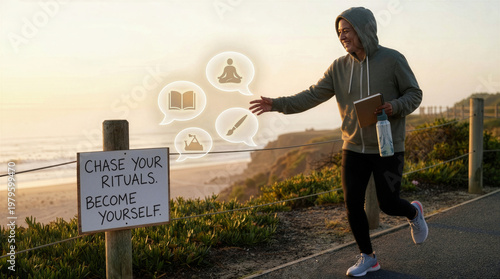 Happy woman jogging on coastal path at sunset reaching for wellness habit icons next to motivational quote sign.