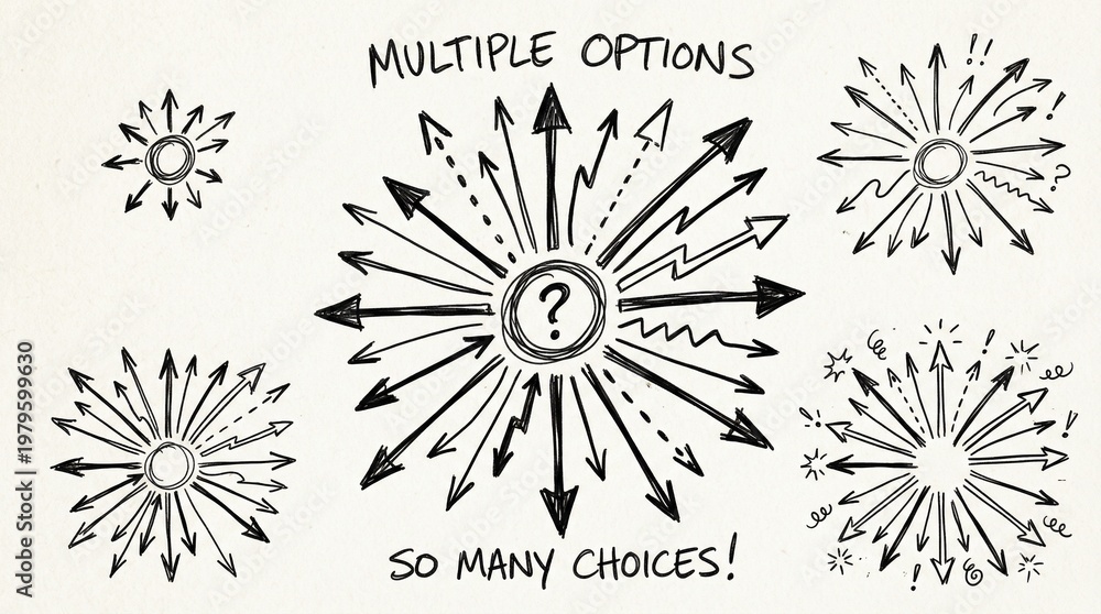 Obraz premium Multiple arrows showing many choices and confusion with question mark, decision