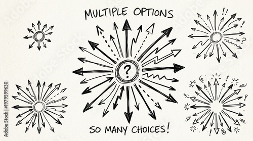 Multiple arrows showing many choices and confusion with question mark, decision