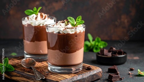 Delicious Chocolate Dessert with Whipped Cream and Mint.