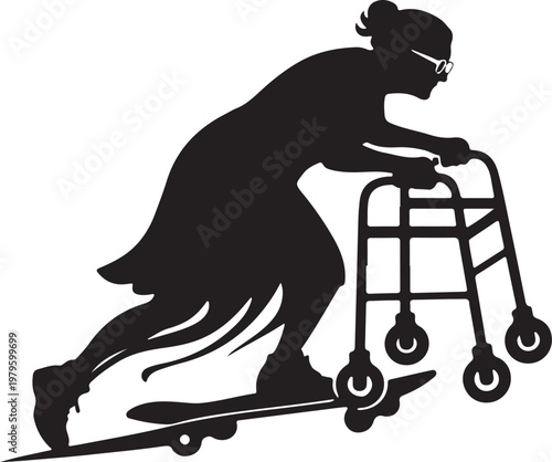 Grandma skateboarding with walker wheels. shillhoutee

