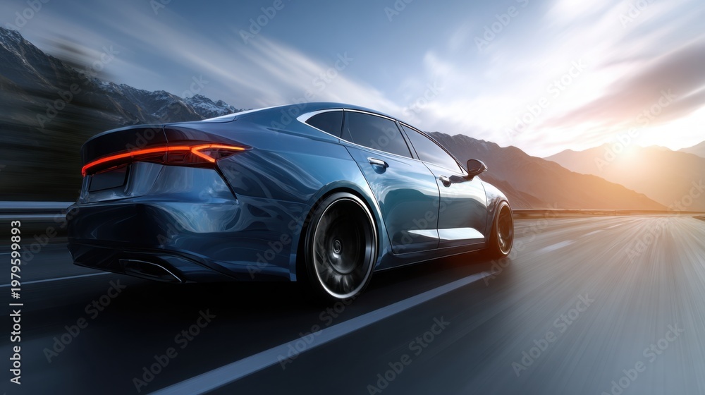 Naklejka premium car premium sedan speeding along scenic mountain highway at sunset, capturing motion, freedom, and high performance driving in dramatic landscape.